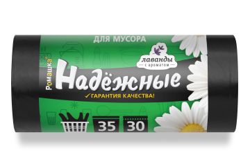 Мешок для мусора 35л рулон ПСД (50х60)-12 черные с ушками НАДЕЖНЫЕ 6,66г Ромашка (30шт) 1/20