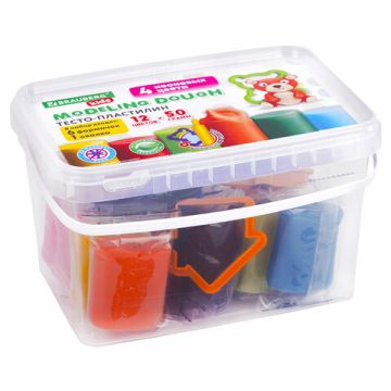 Пластилин 12цв 600г тесто для лепки 6 формочек 1 скалка ведерко 1/12