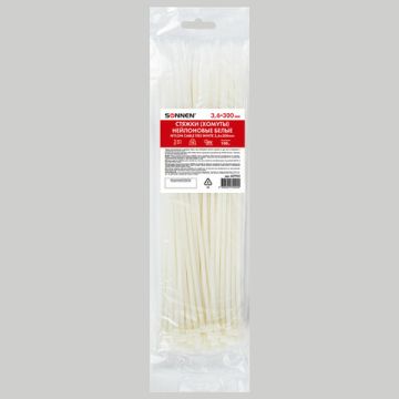 Хомуты (стяжки) нейлоновые 3,6ммх300мм комплект 100шт SONNEN белые 1/100 