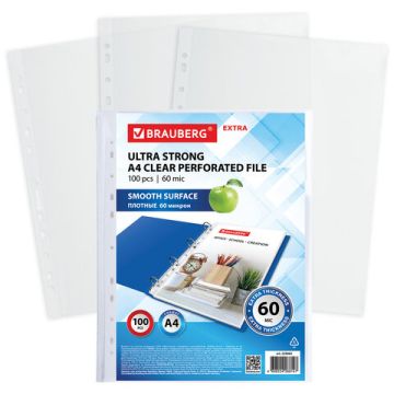 Перфофайлы А4 60мкм перфорированные плотные 100шт глянец BRAUBERG 1/20 