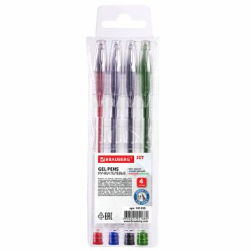 Набор гелевых ручек 4шт узел 0,5мм линия письма 0,35мм европодвес (син,чер,кр,зел) BRAUBERG Je 1/12