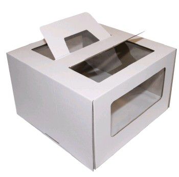 Коробка для торта с окном с ручками 300х300х190мм микрогофрокартон белая 25/25