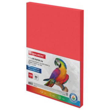 Бумага А4 100л 80г/м2 ярко-красная интенсив BRAUBERG 1/10