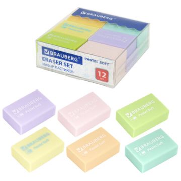 Набор ластиков 31х20х10мм экологичный ПВХ Pastel Soft BRAUBERG (12шт) 1/18/144