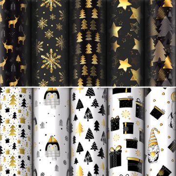 НГ Бумага упаковочная 70х100см ЗОЛОТАЯ СКАЗКА Black Gold White 10дизайнов 105г/м2 1/50