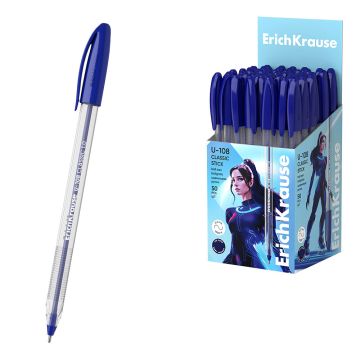Ручка шариковая масляная синяя 1мм линия 0,3мм прозр корп ERICH KRAUSE U-108 50/2400