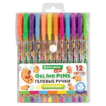Набор гелевых ручек 12цв узел 1мм линия 0,7мм неон BRAUBERG KIDS CUTE ANIMALS 1/12