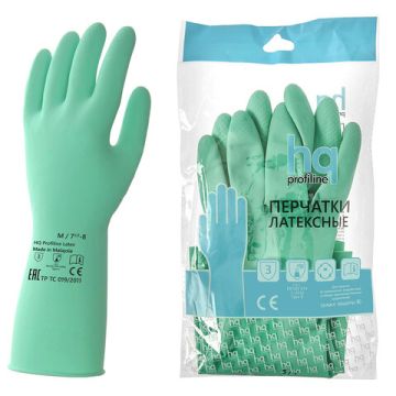 Резиновые перчатки КЩС латексные прочные х/б напыление разм 7,5-8 зеленые HQ Profiline 1/50