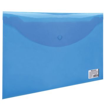 Папка-конверт с кнопкой А4 BRAUBERG, прозрачная, синяя, до 100 листов, 0,15мм 1/15/90
