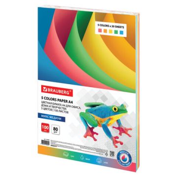 Бумага цветная BRAUBERG А4 80г/м 100 л (5цв.х20л) медиум для офисной техник 1/10