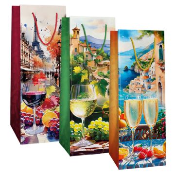 Пакет подарочный бумажный под бутылку (12,3х36х7,8) ламинир микс №6 1/12/360