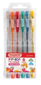 Набор гелевых ручек 06цв узел 0,7мм линия 0,5мм блестки Пифагор 1/24