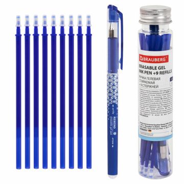Ручка гелевая синяя 0,35мм + 9 стержней стираемая BRAUBERG 1/20
