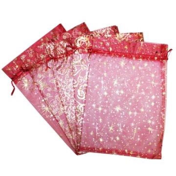 НГ Подарочный мешок текстильный ОРГАНЗА Красный 5 дизайнов 20х30см 1/250