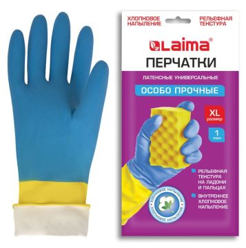 Перчатки хозяйственные латексные LAIMA многоразовые сине-желтые х/б напыление разм XL 1/12/120