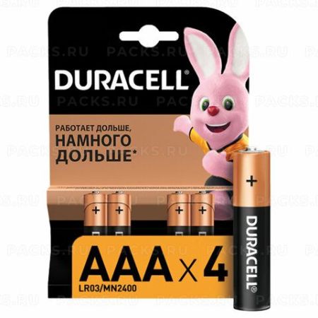 Элемент питания alkaline DURAСELL ААА (LR03) 4шт 1/10