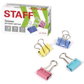 Зажимы для бумаг 19мм на 60л (12шт) цветные в картонной коробке Staff 1/12/300
