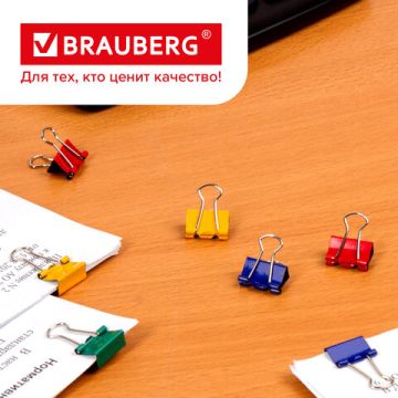 Зажимы для бумаг 15мм на 100л (12шт) цветные в картонной коробке BRAUBERG 1/12