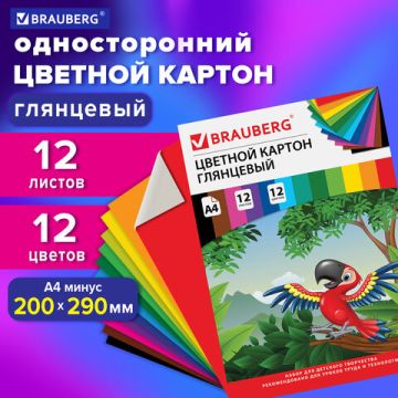 Цветной картон А4 12л 12цв 200х290мм в папке мелованный Килиманджаро BRAUBERG 1/38