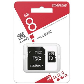 Карта памяти micro SDHC 8GB SMARTBUY 10 Мб/сек (class 10) с адаптером SB8GBSDCL10-01 1/210 (Под зака