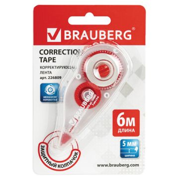 Корректирующая лента BRAUBERG 5мм х 6м, корпус красный, механизм перемотки, блистер, 226809 1/24