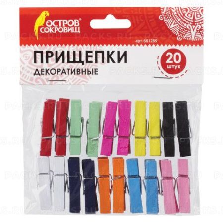 Прищепки декоративные КЛАССИКА 20 штук 3,5 см 10 цветов ОСТРОВ СОКРОВИЩ 1/20