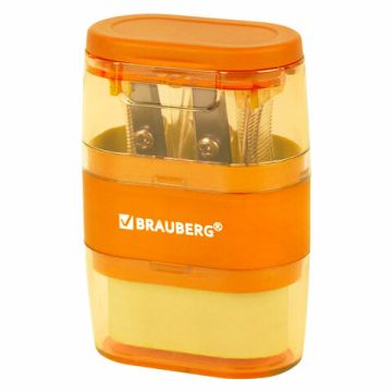 Точилка 2 отверстия 2в1 с ластиком ассорти BRAUBERG Double 1/12 (Клиент)