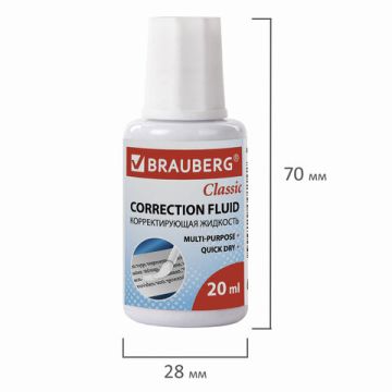 Корректирующая жидкость штрих 20мл флакон с кисточкой и мет. шариком Classic BRAUBERG 1/12