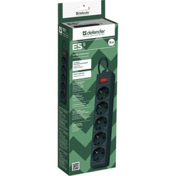 Сетевой фильтр 5м DEFENDER ЕS 5.0, 5 розеток черный 1/35 (клиент)