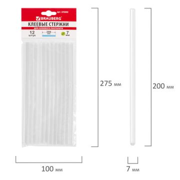 Клеевые стержни, диаметр 7 мм, длина 200 мм, прозрачные, комплект 12 шт., BRAUBERG 1/50/100