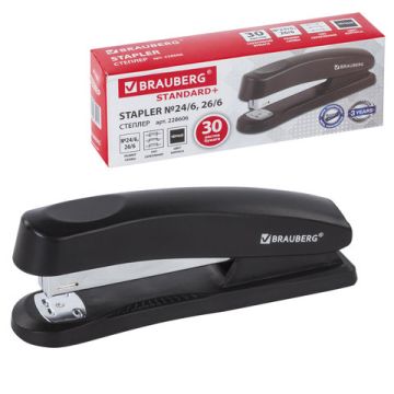 Степлер №24/6, 26/6 BRAUBERG Standard+ до 30 листов полнозагрузочный черный 1/12/96
